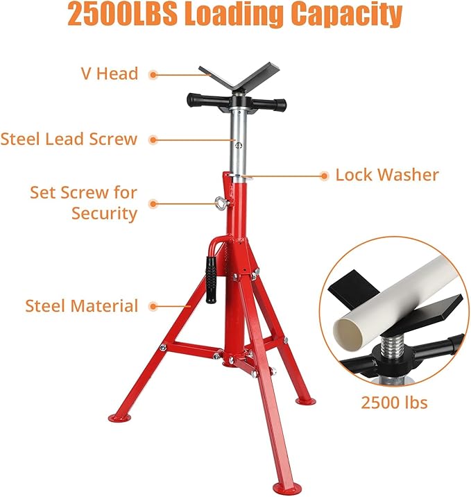 V-Head Pipe Jack Stand, Heavy-Duty Folding Pipe Stand with 2500 Lbs Load Capacity, Adjustable Height 28"-52" for Welding, Automotive & Construction Projects, Red