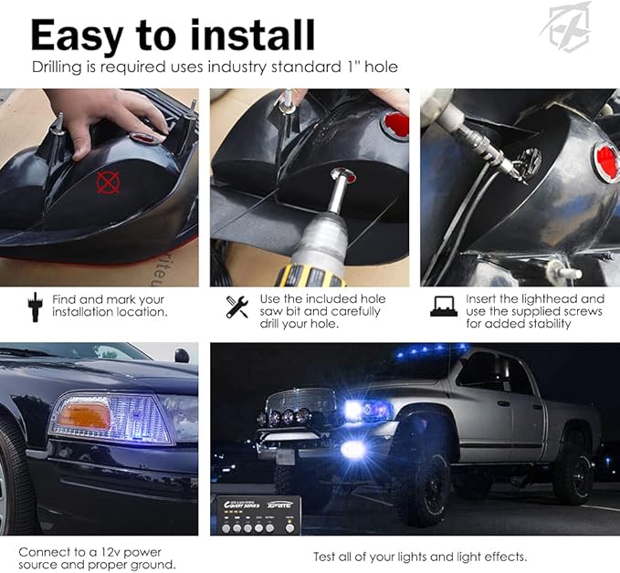 Xprite Blue LED Hideaway Strobe Police Lights Kit, 20 Flashing Patterns w/Control Panel for Headlights Taillights Hazard Warning Mounting, for Emergency Vehicles Volunteer Cars Trucks SUV 4PCS