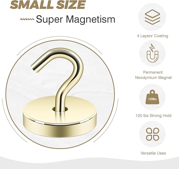 Neosmuk Magnetic Hooks, Cruise Ship Essentials, 120lb+ Heavy Duty Magnetic Hooks for Cruise Cabins, Refrigerator, Grill, Hanging, and Travel | Extra Strong Must-Haves Magnet Hook,Gold,Pack of 10