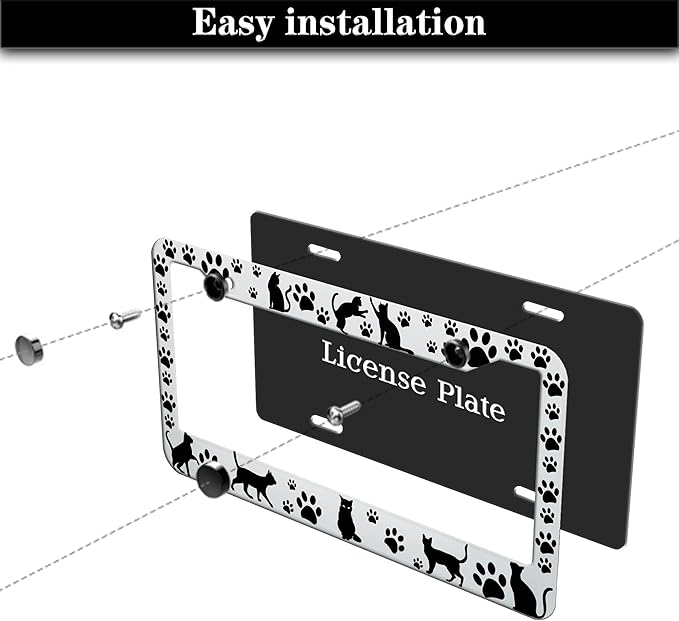 License Plate Frames Black and White License Plate Cover Kitty Cat Pawprints Aluminum Metal Car Accessory 2 Pack with Screw Covers Set