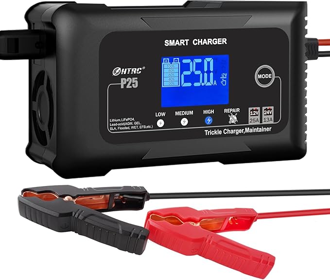 25Amp Lithium Battery Charger, 12V and 24V Lead-Acid (AGM/Gel/SLA) Battery Charger, Battery Maintainer Pulse Repair Charger Trickle Charger Battery Desulfator for Boat, Motorcycle, Golf cart
