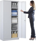 Metal Storage Cabinet with Adjustable Shelves, Garage Tool Cabinet with 2 Lockable Doors for Office, Home, Garage, Require Assembly, White