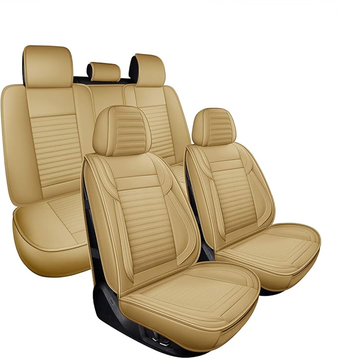 LINGVIDO Car Seat Covers, Breathable and Waterproof Faux Leather Automotive Seat Covers for Cars SUV Pick-up Truck Sedan,Universal Anti-Slip Driver Seat Cover with Backrest (Full Seat, Beige)