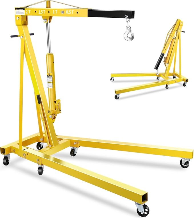 2-Ton Folding Engine Hoist, Hydraulic Shop Crane with 6 Swivel Wheels & Adjustable Boom (0.5T-2T), Heavy-Duty Cherry Picker for Garage, Workshop, Truck, Farm (Net Wt. 157 lbs)