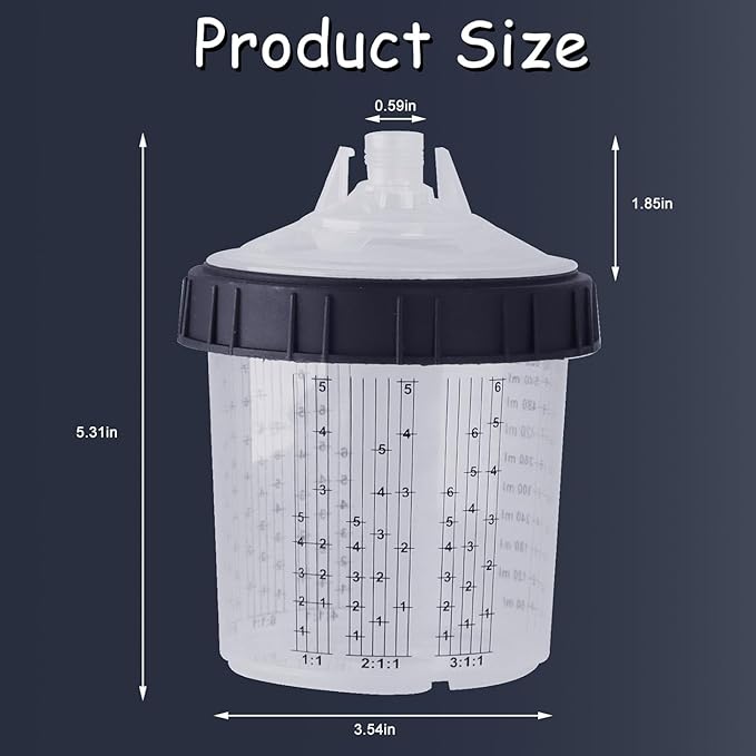 Disposable Paint Sprayer Mixing Cup for Automotive Paint Gun, HVLP Paint Spray Paint Gun 20 Ounce (600ml) Kit with 50 Cups and Lids System, 1 Hard Cup with Retainer Ring and 10 Plugs