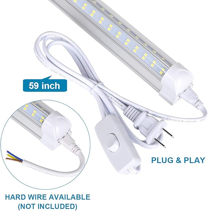 LED Shop Light Fixture, 4FT, 60W 7500LM, 6000K Cold White, 4 Foot T8 Integrated LED Tube Lights, Plug in Warehouse Garage Lighting, V Shape, Linkable with On/Off Switch (4PCS)