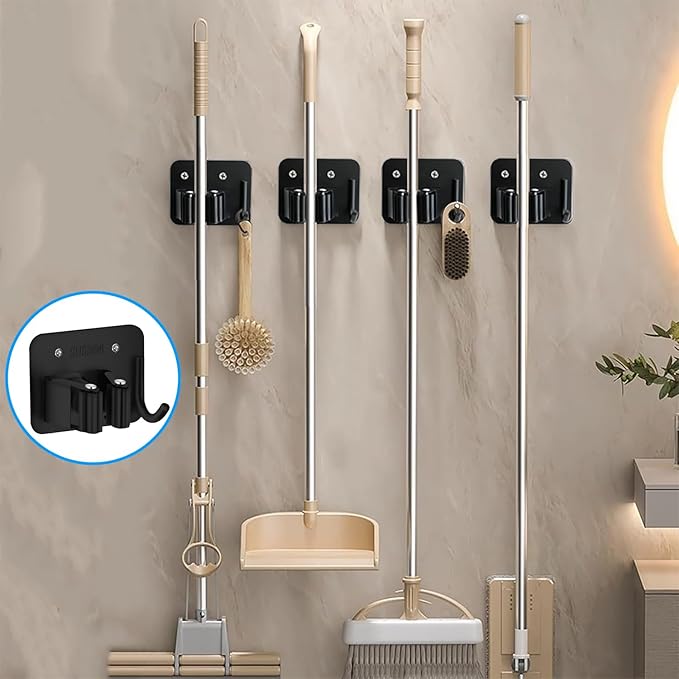 5 Pack Broom Holder Heavy Duty Stainless Steel Broom Hanger with Hooks Screw Drilling Rust Resistant Mop and Broom Holder Wall Mount for Bathroom Kitchen Laundry Room Garage - Black