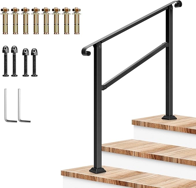 VIVOSUN Outdoor Handrail, 3 Step Stair Handrail, 40" x 36" Fits 1 to 3 Steps, Wrought Mattle Iron Stair Railing with Curved Ends for Concrete Steps, Porch Steps, One-Step Assembly, Black