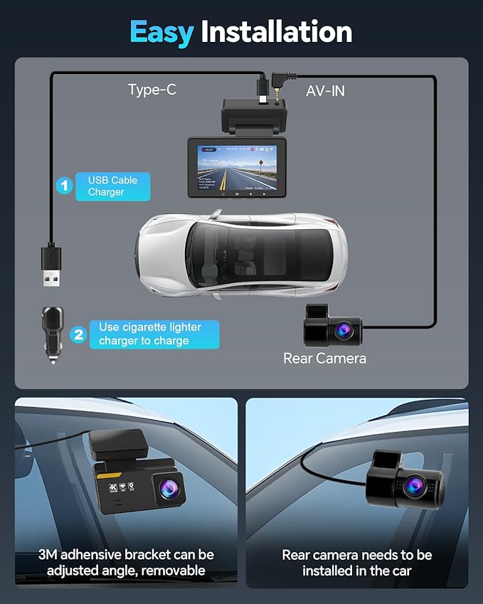 Dash Cam Front and Rear 4K+1080P, Dash Camera for Cars Built-in GPS WiFi, App Control, 64GB Card, 3 Inch IPS Screen Dual Dashcam Car Camera with ADAS, Night Vision, Loop Recording, G-Sensor