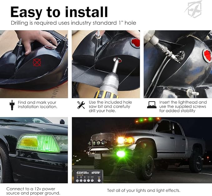 Xprite Amber Green LED Hideaway Strobe Lights Kit 20 Flashing Patterns w/Control Panel Headlights Taillights Fog Light Mounting, for Roadside Emergency Vehicles Trucks SUV Vans Cars 8 PCs