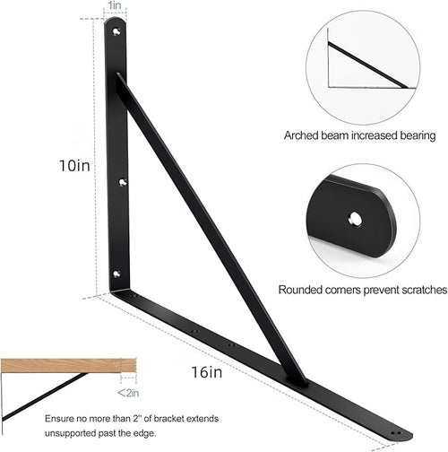 4 Pack L16 x H 10" Black Heavy Duty Shelf Brackets with Screws Metal Shelf Brackets Shelf Support Angle Brackets for Shelves L Brackets Heavy Duty Floating Shelf