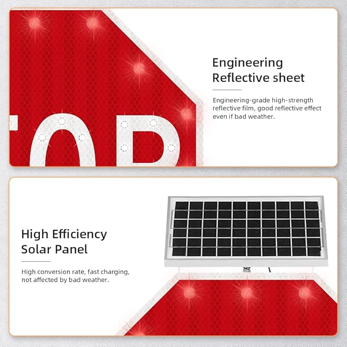 30" Solar Stop Sign Solar Powered LED Blinking Reflective Street Traffic Warning Sign Octagon Rust-proof Metal Frame