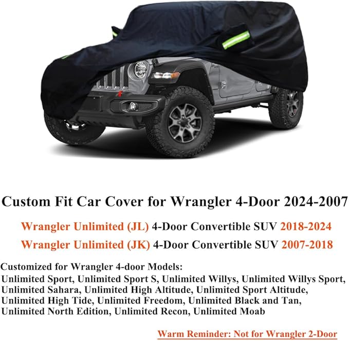 Waterproof All Weather Car Cover Compatible with Jeep Wrangler 4 Dr 2025-2007, Custom Snow Rain Sun UV Outdoor Cover with Cotton Lining for Wrangler Unlimited 4 Door JL JK, Heavy Duty Covers