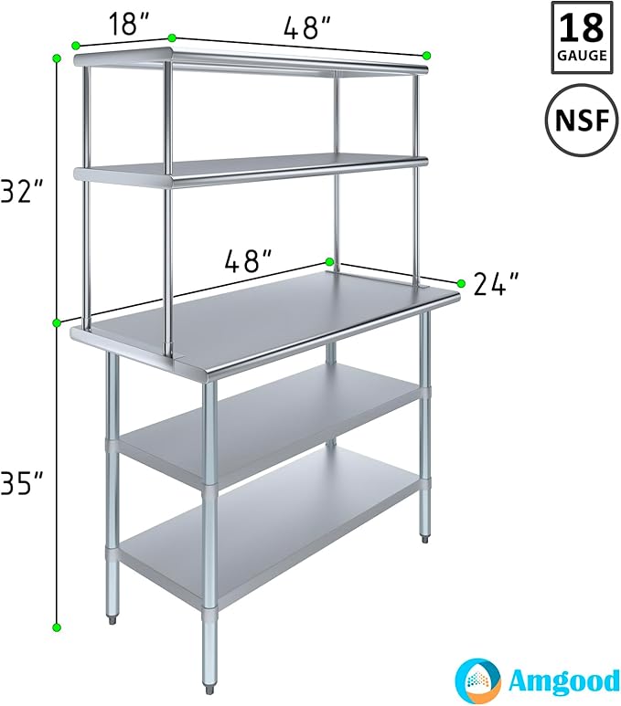 Amgood Stainless Steel Work Table with 2 Shelves | Metal Kitchen Prep Table & Shelving Combo (24" x 48" Table with 2 Shelves + 18" Overshelf)