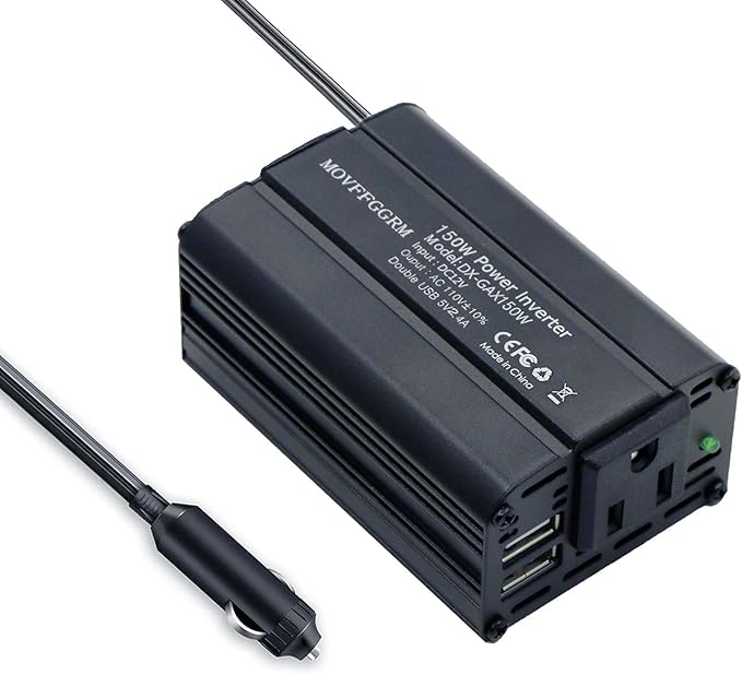 150W Power Inverter 12V DC to 110V AC Car Plug Adapter Outlet Converter with 2.4A Dual USB AC car Charger for Laptop Computer Black