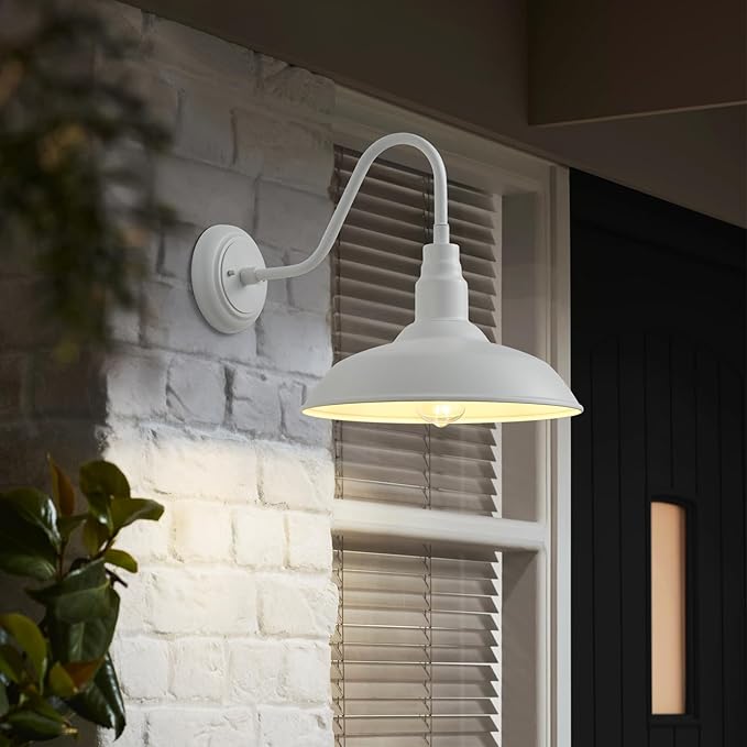 14 Inch Dome Outdoor Gooseneck Barn Light Fixture for Farmhouse, White Exterior Goose Neck Wall Mount Lights for Porch, Barn Style Wall Sconce Lighting for Patio, Garage