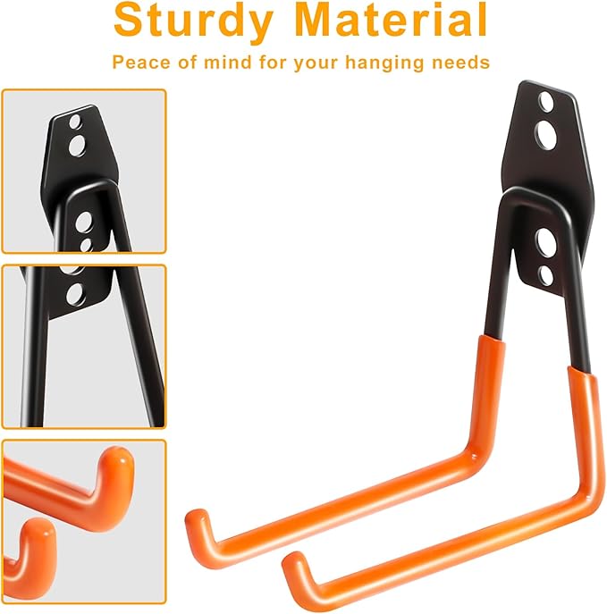 KURUI Heavy Duty Wall Hook for Tool/Water Hose, Garden Hose Holder Wall Mount for Indoors Outside, 2 Pack Garage Storage Hanger for Hanging Shovel/Ladder/Extension Cord, Metal Utility Hook Organizer