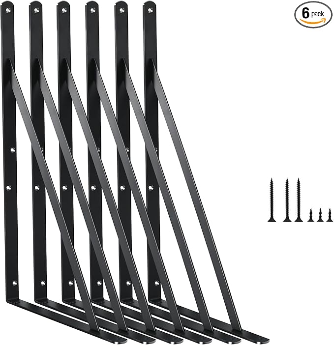 6 Pack L14 x H 10" Black Heavy Duty Shelf Brackets with Screws Metal Shelf Brackets Shelf Support Angle Brackets for Shelves L Brackets Heavy Duty Floating Shelf