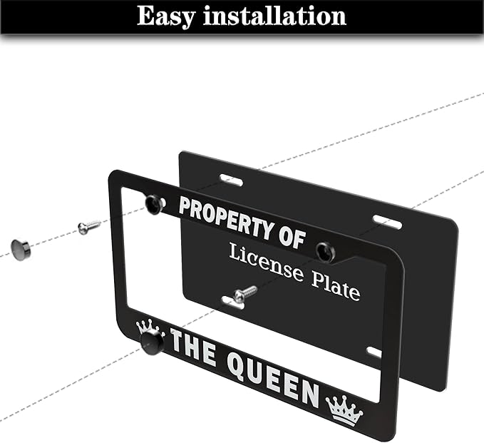 License Plate Frame Black and White License Plate Holder Property of The Queen Universal Aluminum Car Accessory 2 Pack with Screw Covers Set