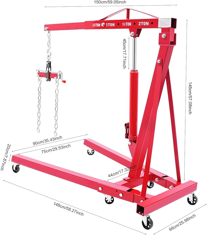 LOYALHEARTDY Engine Hoist with Lever, 2 Ton 4400 LBS Folding Cherry Picker Shop Crane Hoist Lift, Heavy Duty Hydraulic Engine Crane with 6 Casters, Engine Lift Hoist Lever for Engine Lifting Loading