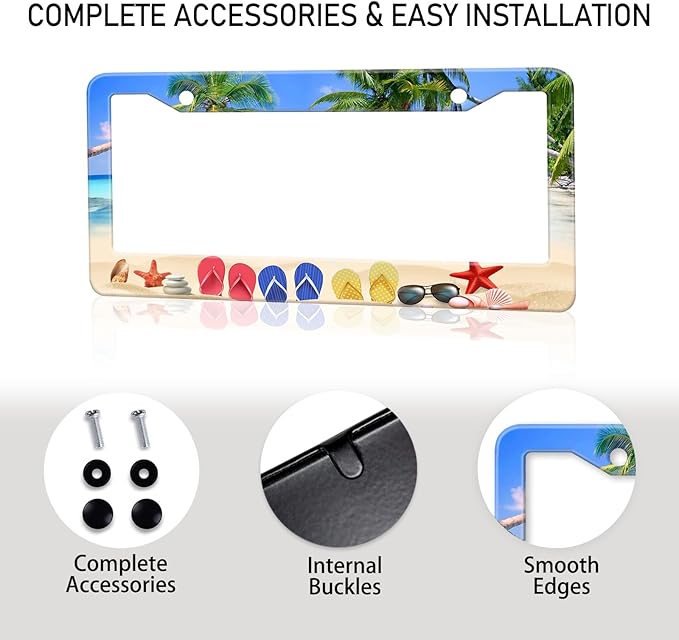 Beach Flip Flops License Plate Frame, Ocean Beach Vacation Scene License Plate Hloder Covers, Metal Aluminum Rustproof Car Accessories for Women Men 2 Holes with Screw Caps