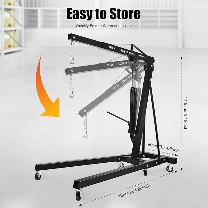 6.89Ft Folding Engine Lift 2 Ton Folding Cherry Picker Shop Crane Hoist Lift Engine Hoist with 6 Wheels Engine Crane Folding Engine Hoist for Car Fixing Workshops Garages (Black)