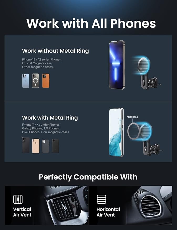 LISEN for MagSafe Car Mount Magnetic Car Phone Mount, Air Vent Phone Holder Car [Super Strong Magnets] Hands Free Cell Phone Holder 17X Strong Clip Car Accessories fit iPhone 16 15 14 13 Pro Plus Max