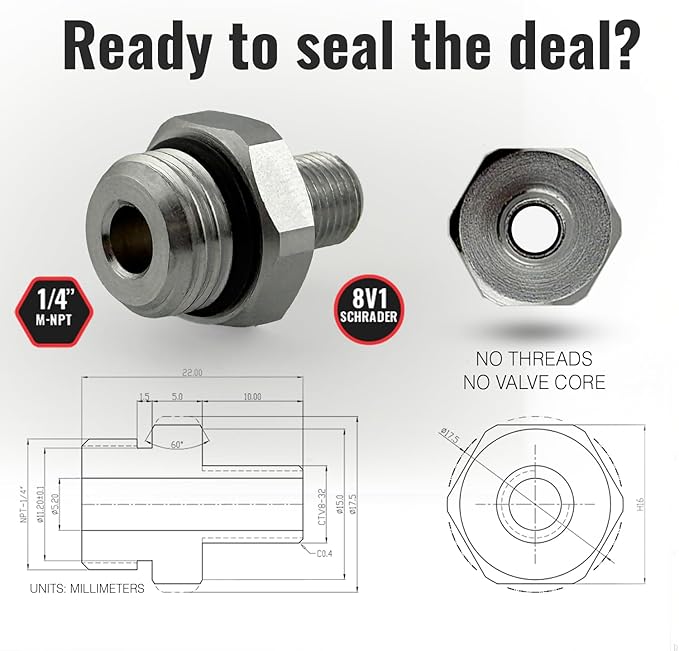 Self-Sealing Tire Inflator Adapter (2 Pack) – 1/4” NPT Male to Schrader Valve, Leak-Free O-Ring, No Tape Needed