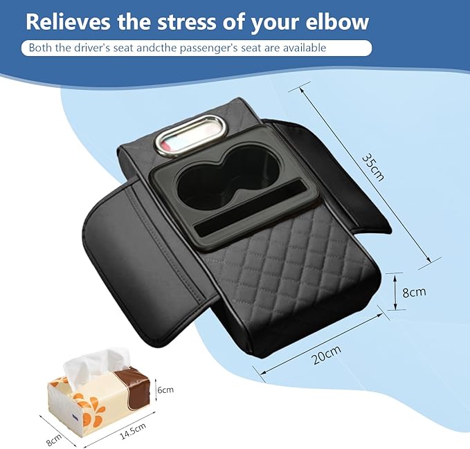 Universal Car Armrest Cushion Organizer, Leather Armrest Cover for Car, 5-in-1 Center Console Cover with Cup Holder, Tissue Box Slot, Mobile Phone Storage Slot, Black