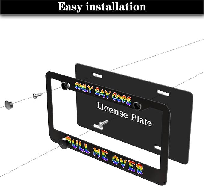 License Plate Frames Black and White Automotive Exterior Accessories Only Gay Cops Pull Me Over Universal Aluminum Car Accessory 2 Pack with Screw Covers Set