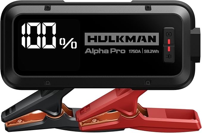 Hulkman Alpha Pro Solid Black, 1750A 59.2Wh Car Jump Starter Portable, High-Capacity Battery Booster & Jumper Cables, 3.3" Display Jump Box, PD65W in&Out, 12V Battery Pack for 8.0L Gas/5.0L Diesel
