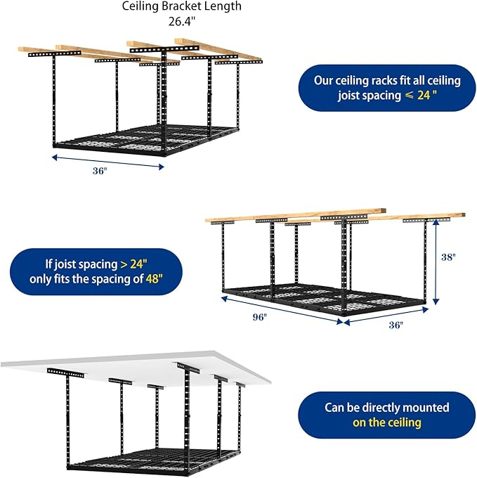 Heavy-Duty 3x8 Overhead Garage Storage Rack with Adjustable Ceiling Shelving with 600lbs Weight Capacity，22 lbs per Hook, Steel Hanging Organizer for Tools, Bins & Bikes Black