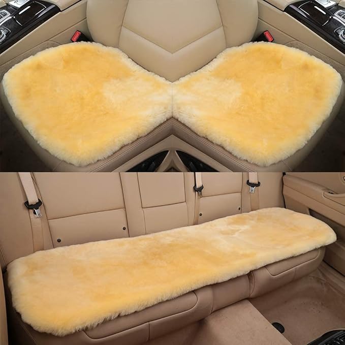 Fluffy Genuine Australia Sheepskin Car Seat Cover for Auto Interior Accessories with Soft Fuzzy Wool Eco-Friendly Natural Fur Non-Slip (Light Yellow, Front)