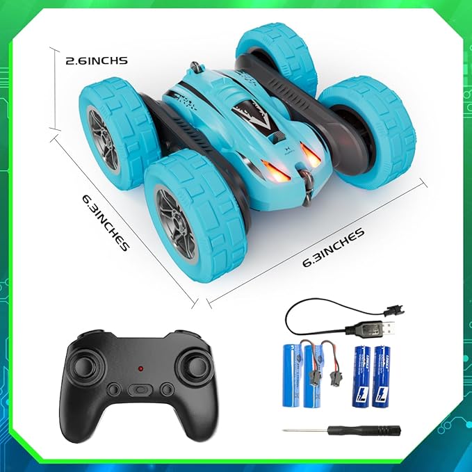 Remote Control Car for 6-12 Year Old Double Sided 360°Rotating 4WD RC Cars with Headlights 2.4GHz Rechargeable Electric Stunt Race Car Toy for Boys Girls Birthday Gifts(Blue)
