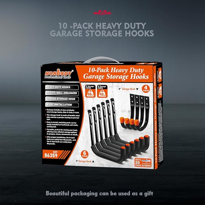 HORUSDY 10-Pack Garage Hooks, Utility Hook, 9" & 6” Garage Heavy Duty Wall Hook for Bikes, Kayak and Hanging Ladders