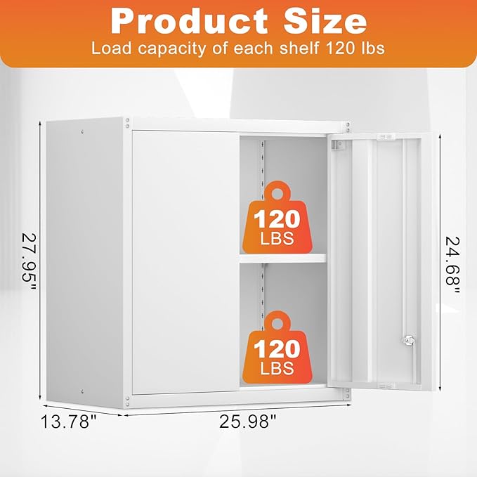 LUCYPAL Metal Wall Cabinet,Garage Storage Cabinets with Adjustable Shelves,Steel Locking Storage Cabinet with Doors for Home,Office,Kitchen,Warehouse,White