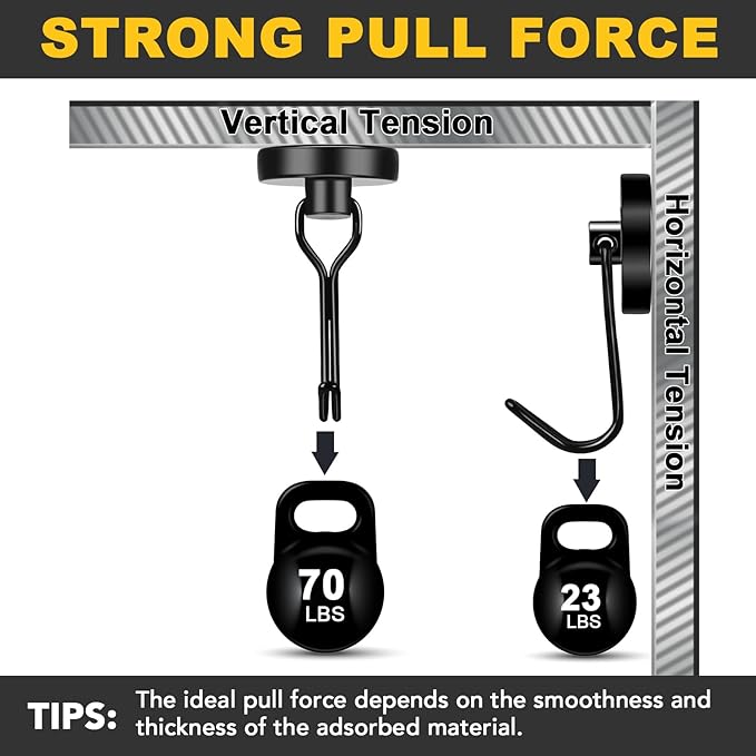 MIKEDE Black Strong Magnetic Hooks, 70LB+ Swivel Swing Magnetic Hooks Heavy Duty, Cruise Hooks Neodymium Magnets with Hooks for Hanging, Home, Metal Door, Office and Garage - Pack of 4