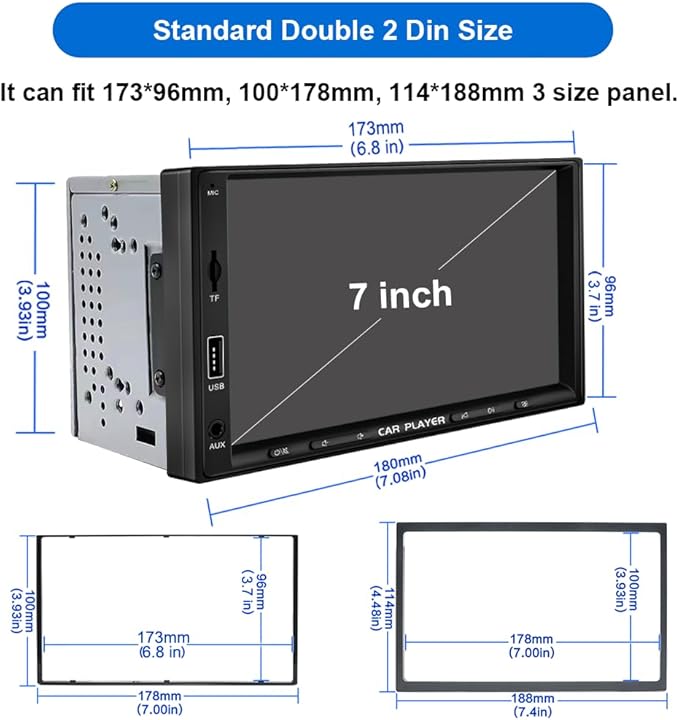 7 Inch Double Din Car Stereo with Wireless Apple Carplay & Android Auto Navi Radio Head Unit with Touch Screen Bluetooth AM/FM Receiver/Mirror Link/Backup Camera/TF/AUX/USB Input