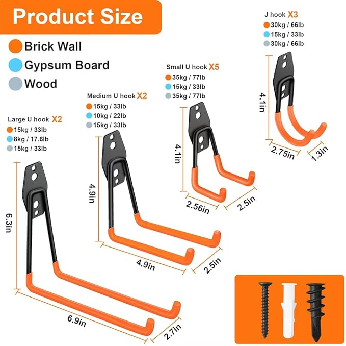 Garage Hooks Pack of 12, Garage Storage System Hooks for Hanging Ladders, Bicycles, Power Tools and More Tools