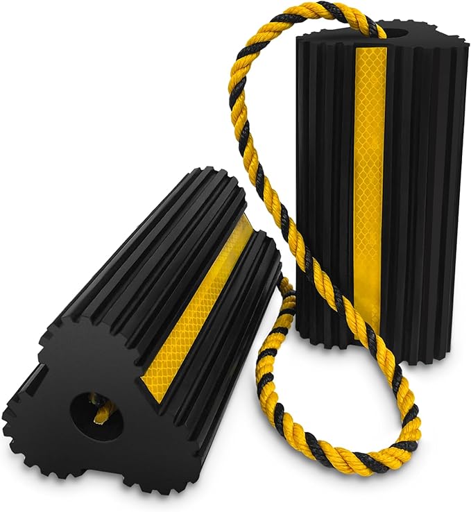 ROBLOCK Heavy Duty Wheel Chocks, Rubber Wheel Block Non-Slip Base with Nylon Rope Yellow Reflective Tape - 1 Pair Black, Wheel Stoppers for Travel Trailers, RV, Aircraft, Car, Camper, Truck