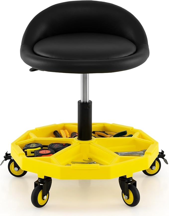 Mechanic Stool, 350 LBS Capacity Rolling Shop Stool with Lockable Wheels, 2 Magnetic Tool Trays & Padded Seat, 20"-25" Height Adjustable Workshop Chair Creeper Seat for Garage, Auto Repair