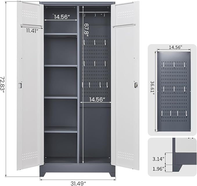 GREATMEET 72.8" Broom Storage Cabinet, Utility Cabinets for Brooms and Mops, Metal Storage Cabinets for Cleaning Supplies, Utility Closet for Garage, Grey&White