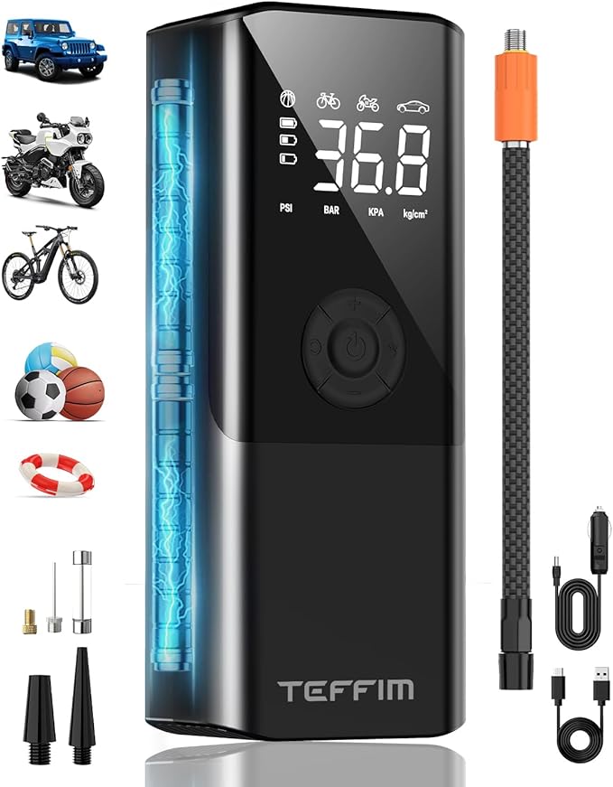 Tire Inflator Portable Air Compressor - 150PSI & 20000mAh Battery, 12V Smart Air Pump for Car Tires, 6X Tire Pump with Pressure Gauge, Auto Shut-off, Motorcycle, SUV, Bike Pump, Bicycle, Balls