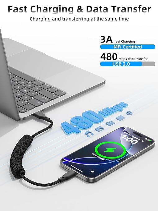 Car Carplay Cable 2Pack 3ft Coiled USB A to USB C Fast Charge Cord for iPhone 16/15/Plus/Pro Max/MacBook Pro, Auto Coiled Retractable iPhone Car Cord