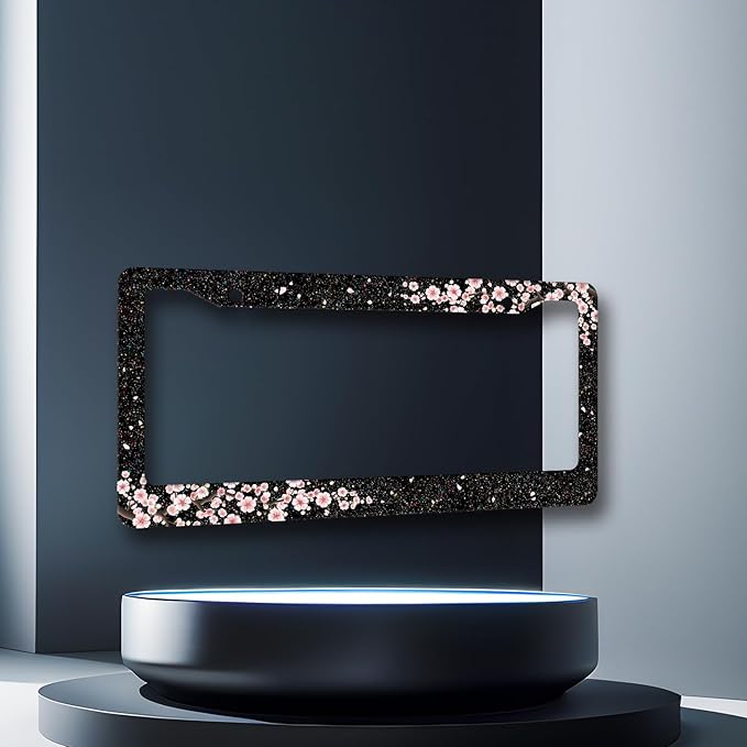 Bling Cherry Blossom License Plate Frame Pink Floral License Plate Stainless Steel Auto Parts Colorful License Plate Holder for Women Decoration with Screws License Plate Holder 12"x6"
