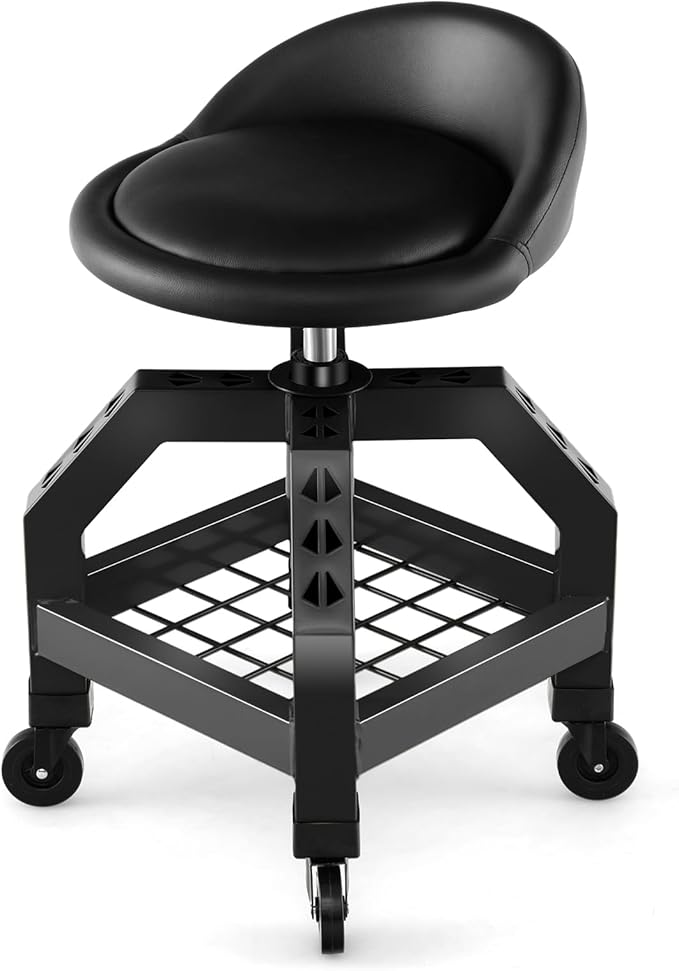 S AFSTAR Shop Stool with Wheels, Height Adjustable Garage Stool with 4 Universal Wheels & Tool Tray, 330 LBS Capacity, Heavy Duty Creeper Chair Seat Rolling Mechanic Stool for Garage Workshop (Black)