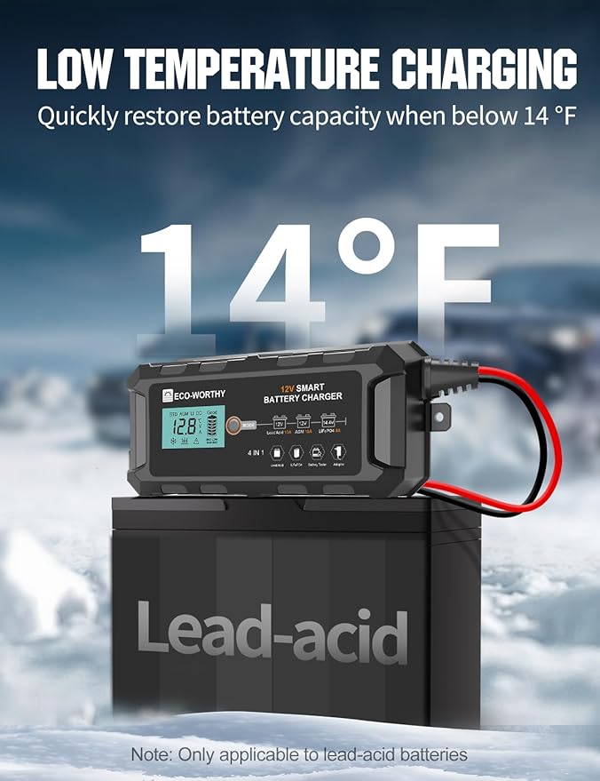 ECO-WORTHY 10A Lifepo4 Battery Charger 12V, Smart Car Battery Charger Automotive Battery Maintainer, Trickle Charger and Desulfator for Lead Acid Motorcycle Marine Boat