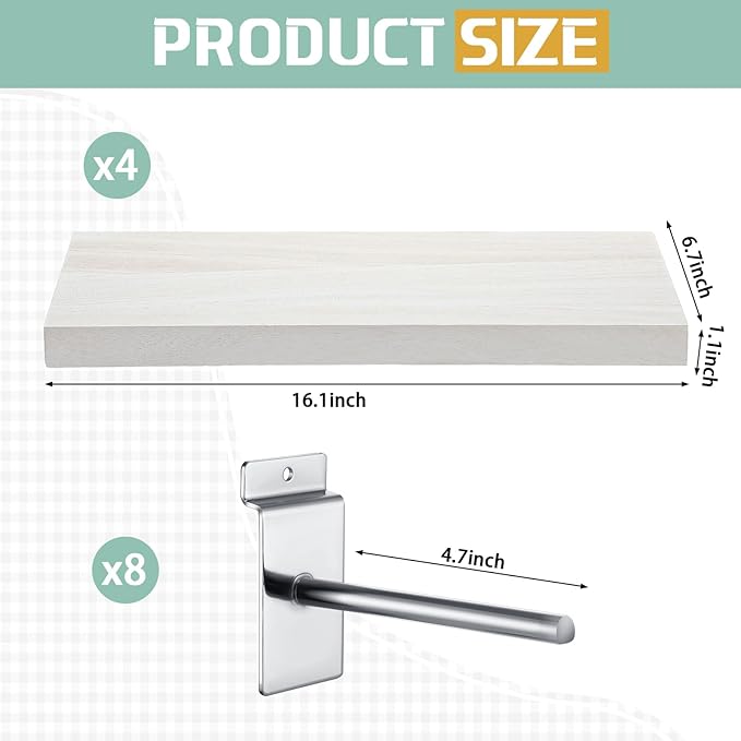 4 Pack Wooden Slatwall Shelf, 16.1" D x 6.7" W x 1.1" H Slatwall Shelves with Metal Hooks Organizer Set Mounted Accessories for Garage Home Workshop Workbench