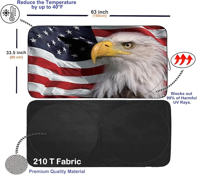 Gven Car Shade Patriotic Sun Shade with USA Flag Front Windshield Shade for Heat Protection Patriotic Car Accessories for Pickup Truck SUV (Flag, L)