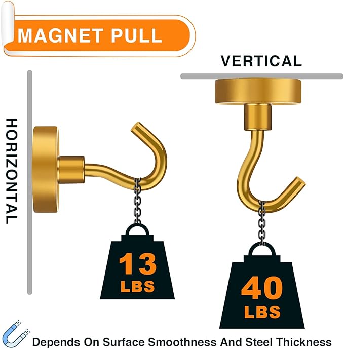 MIKEDE Magnetic Hooks Heavy Duty, 40 Lbs Magnet with Hooks for Cruise Cabins, Strong Magnets Neodymium for Hanging, Magnetic Wall Hooks for Refrigerator, Locker, Workplace(Yellow, 4 Pack)